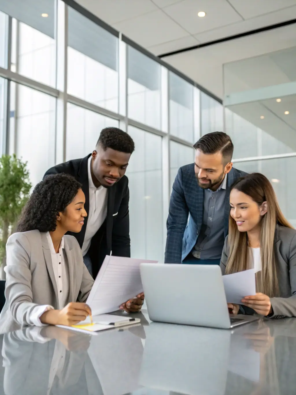 A diverse team collaborating in a modern office space, using digital tools and engaging in dynamic discussions, representing the collaborative and innovative spirit of the company.