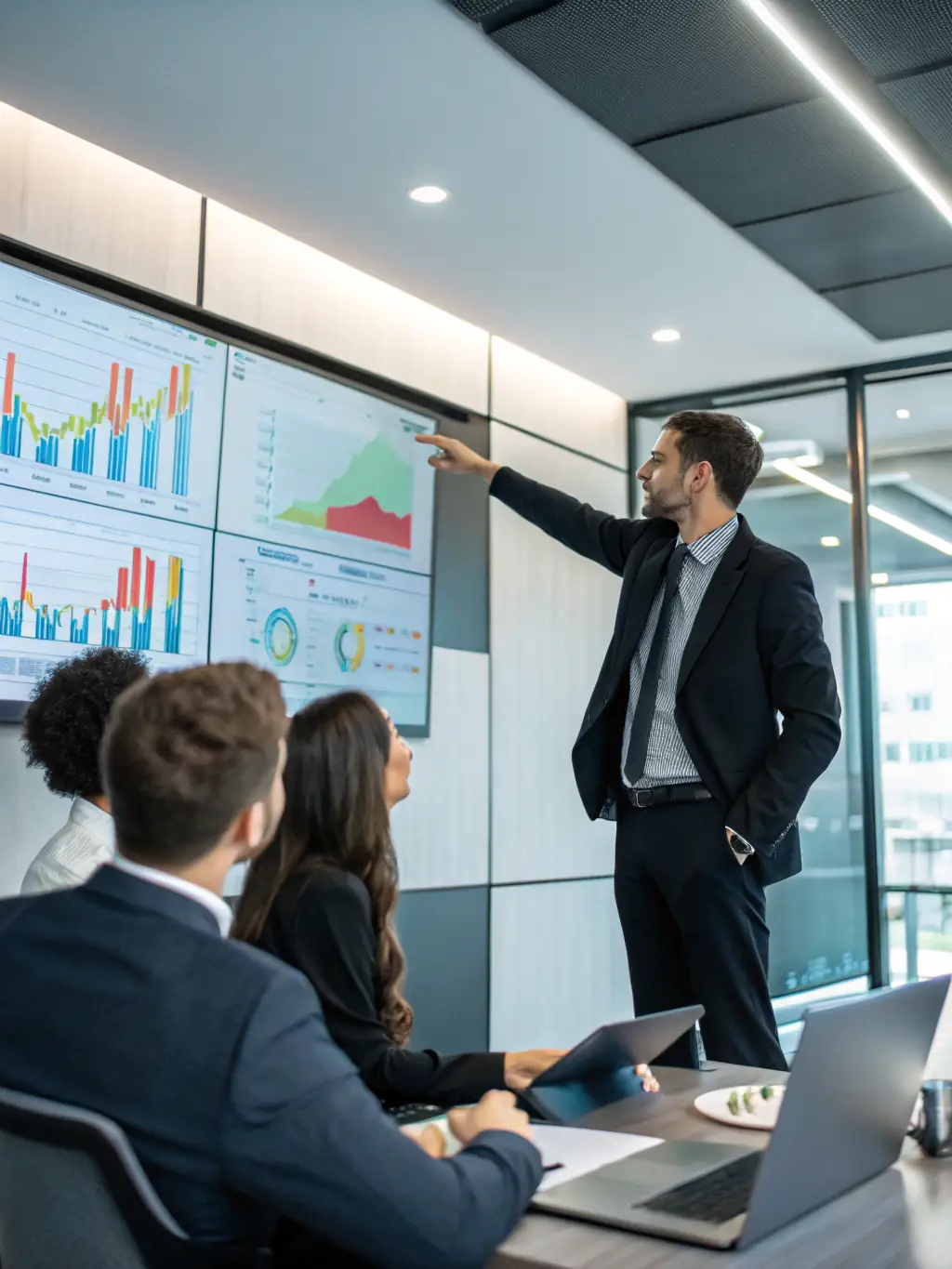 An enterprise executive confidently leading a board meeting, presenting data-driven insights and strategic plans, showcasing leadership and vision.