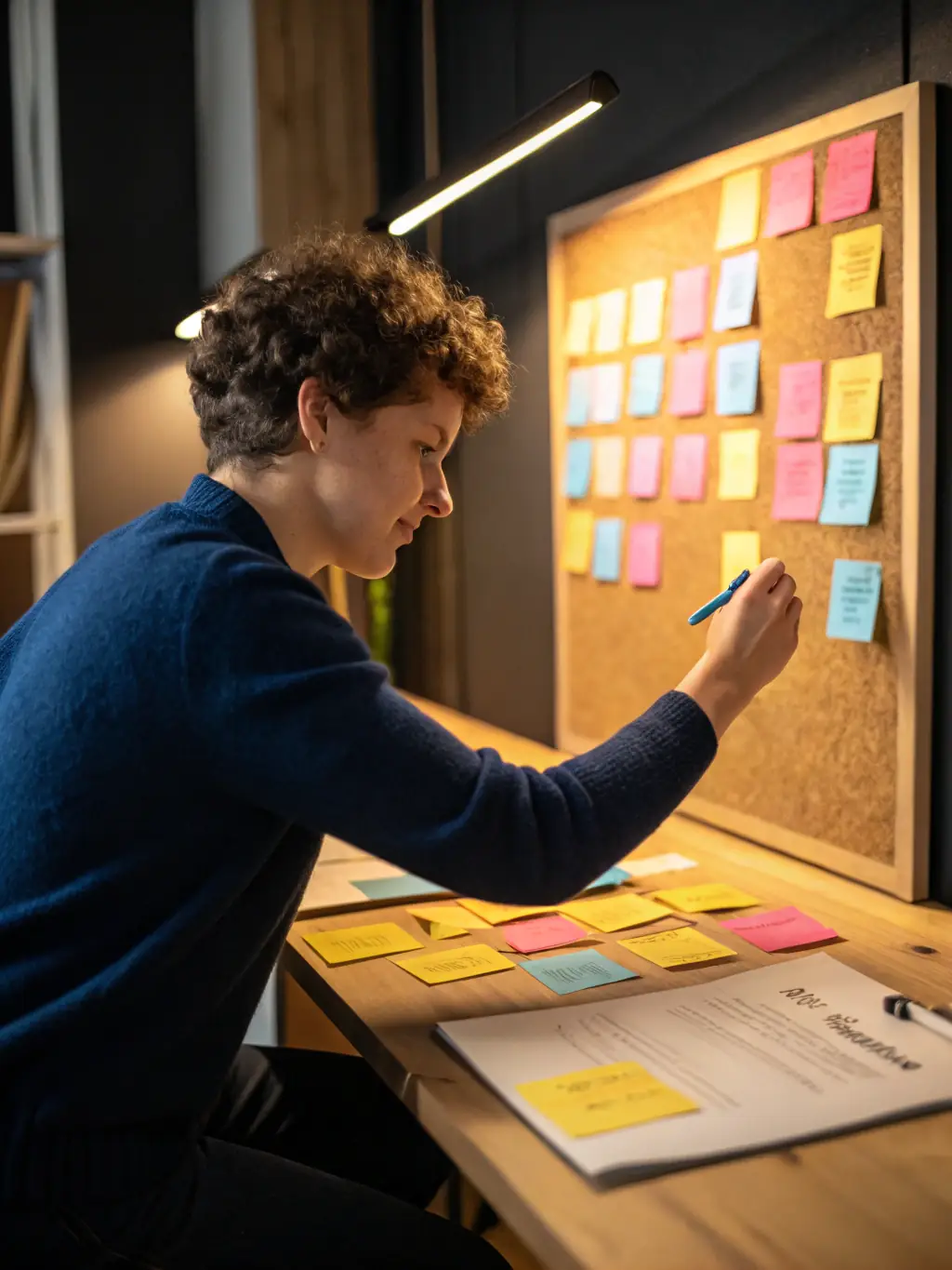 A startup founder working late at night, illuminated by a laptop screen, brainstorming ideas with sticky notes covering the wall behind them, symbolizing the initial hustle and drive.