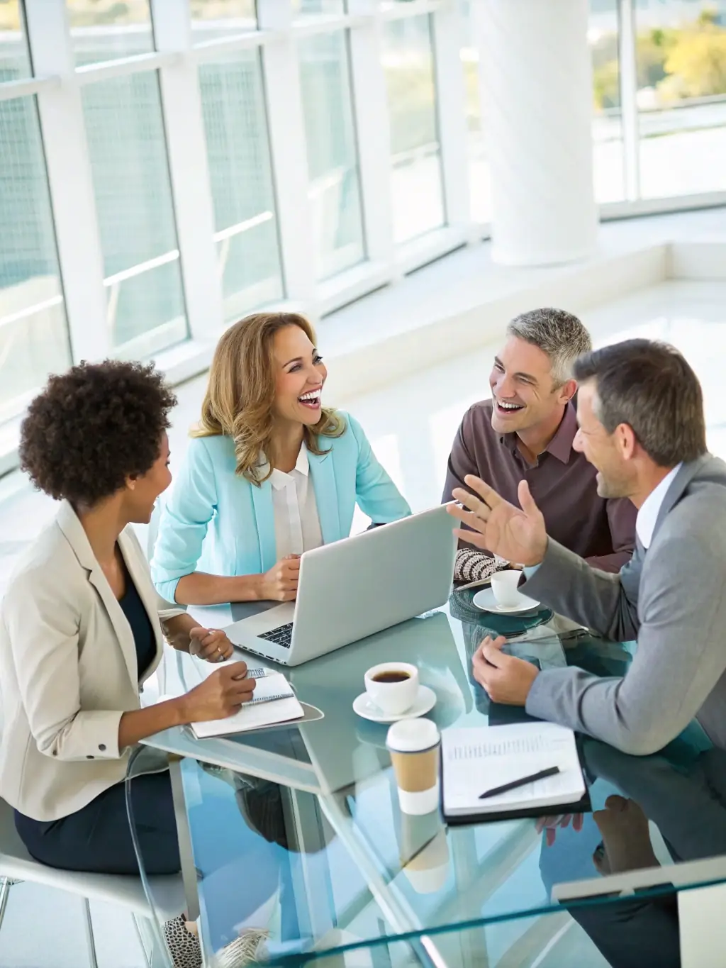 A diverse team brainstorming marketing strategies around a table filled with creative materials and digital devices.