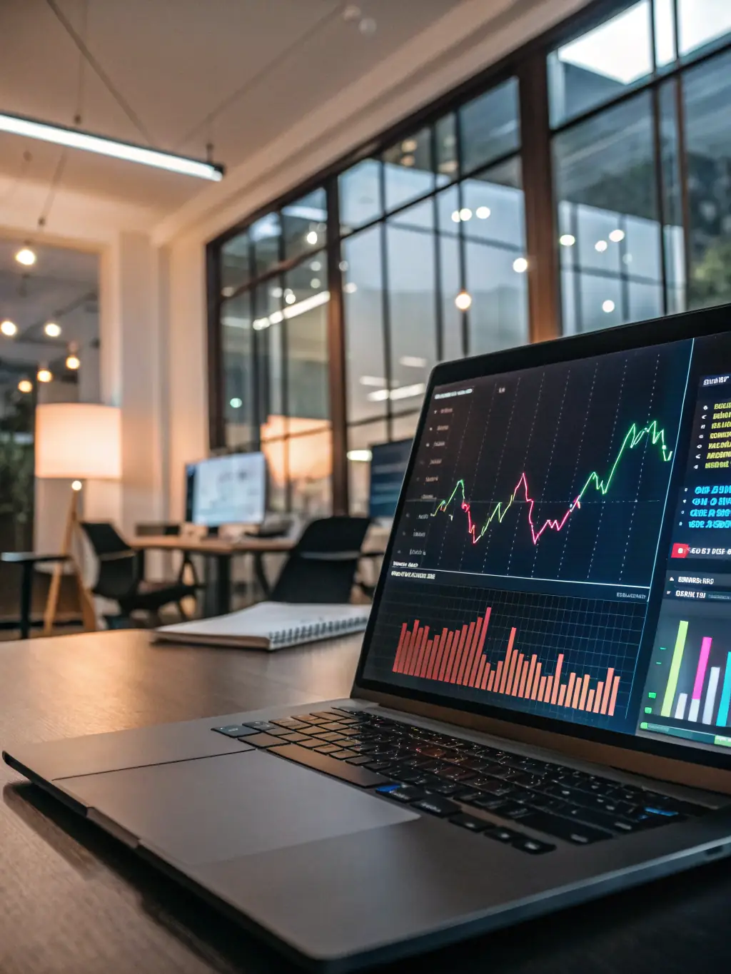 A dynamic graph showing business growth after implementing strategic growth initiatives, set against a backdrop of a modern office environment.